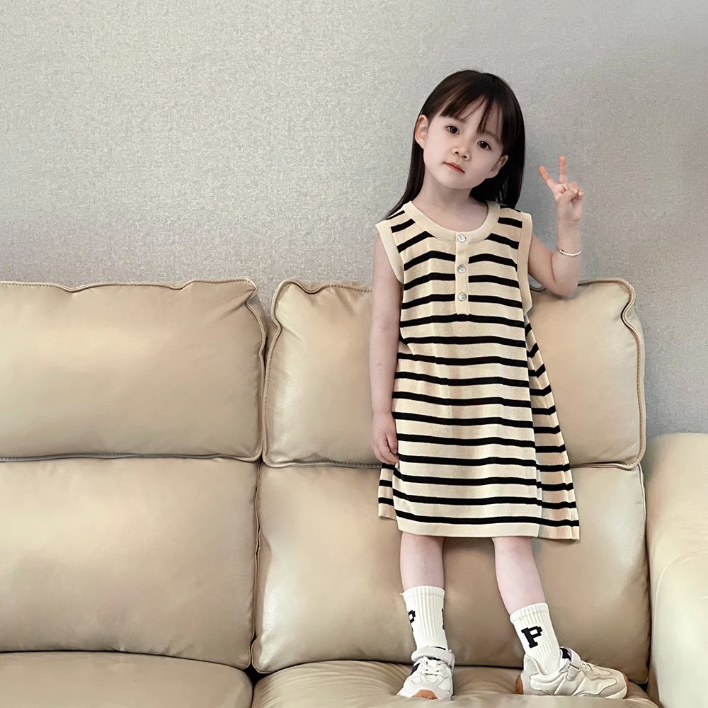 Đầm Mùa Hè Họa Tiết Kẻ Sọc Dễ Thương Phong Cách Hàn Quốc Cho Bé Gái