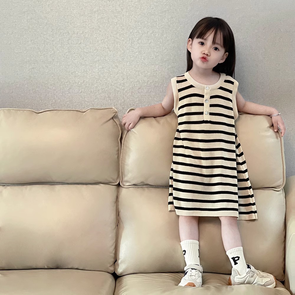 Đầm Mùa Hè Họa Tiết Kẻ Sọc Dễ Thương Phong Cách Hàn Quốc Cho Bé Gái