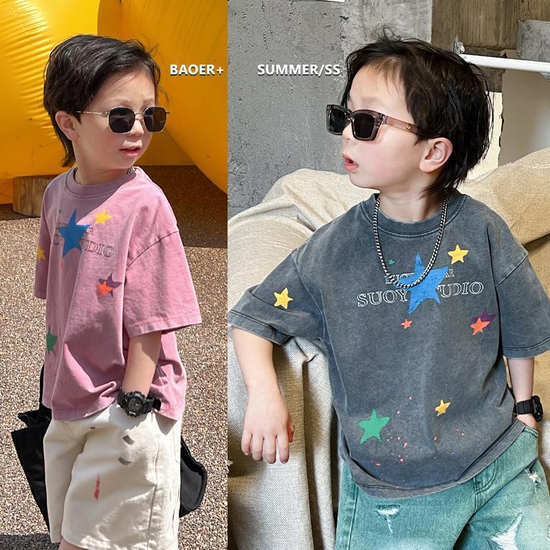 Bộ Áo Thun Ngắn Tay + Quần short denim Rách In Hình Ngôi Sao Phong Cách Nhật Hàn Thời Trang Mùa Hè Mới 2023