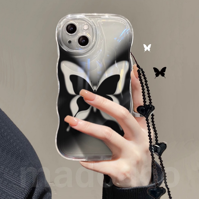 Lanyard Casing for iPhone 15 14 13 Mini 12 11 Pro Xs max 6S 6 7 8 Plus X XR 14ProMax 13promax 12promax 11promax Cute Clear Black Butterfly Tpu Fine Hole Wave Edge Airbag Shockproof Soft Phone Case Full Back Cover BW 89