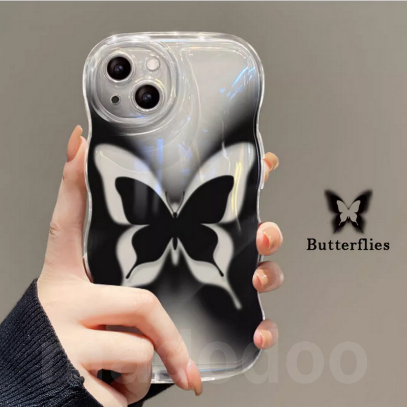 Lanyard Casing for iPhone 15 14 13 Mini 12 11 Pro Xs max 6S 6 7 8 Plus X XR 14ProMax 13promax 12promax 11promax Cute Clear Black Butterfly Tpu Fine Hole Wave Edge Airbag Shockproof Soft Phone Case Full Back Cover BW 89