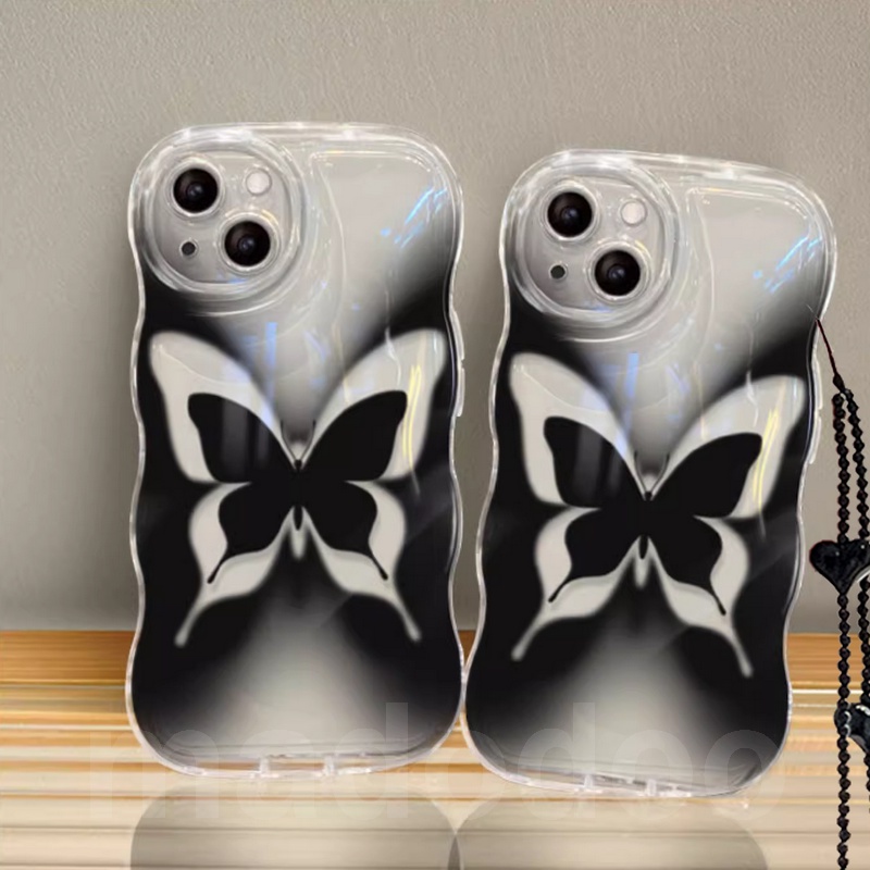 Lanyard Casing for iPhone 15 14 13 Mini 12 11 Pro Xs max 6S 6 7 8 Plus X XR 14ProMax 13promax 12promax 11promax Cute Clear Black Butterfly Tpu Fine Hole Wave Edge Airbag Shockproof Soft Phone Case Full Back Cover BW 89