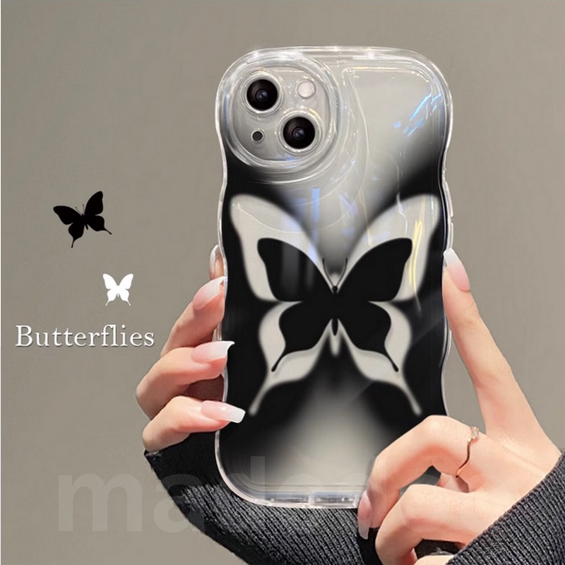 Lanyard Casing for iPhone 15 14 13 Mini 12 11 Pro Xs max 6S 6 7 8 Plus X XR 14ProMax 13promax 12promax 11promax Cute Clear Black Butterfly Tpu Fine Hole Wave Edge Airbag Shockproof Soft Phone Case Full Back Cover BW 89