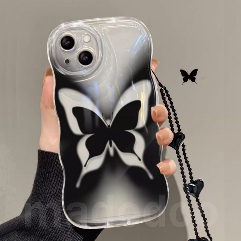 Lanyard Casing for iPhone 15 14 13 Mini 12 11 Pro Xs max 6S 6 7 8 Plus X XR 14ProMax 13promax 12promax 11promax Cute Clear Black Butterfly Tpu Fine Hole Wave Edge Airbag Shockproof Soft Phone Case Full Back Cover BW 89