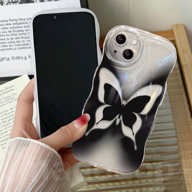 Lanyard Casing for iPhone 15 14 13 Mini 12 11 Pro Xs max 6S 6 7 8 Plus X XR 14ProMax 13promax 12promax 11promax Cute Clear Black Butterfly Tpu Fine Hole Wave Edge Airbag Shockproof Soft Phone Case Full Back Cover BW 89