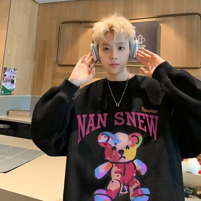 Áo sweater nam bigsize M-8XLÁo Sweater cotton Nhung Dày Tay Dài Cổ Tròn In Hình Gấu graffiti Mỹ Thời Trang Mùa Thu Cho Nam