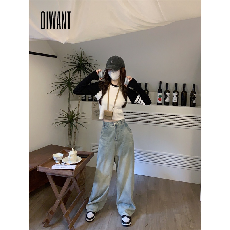 Oiwant Áo Thun Thể Thao Tay Dài Cổ Tròn Màu Tương Phản Phong Cách retro 2023 Dành Cho Nữ