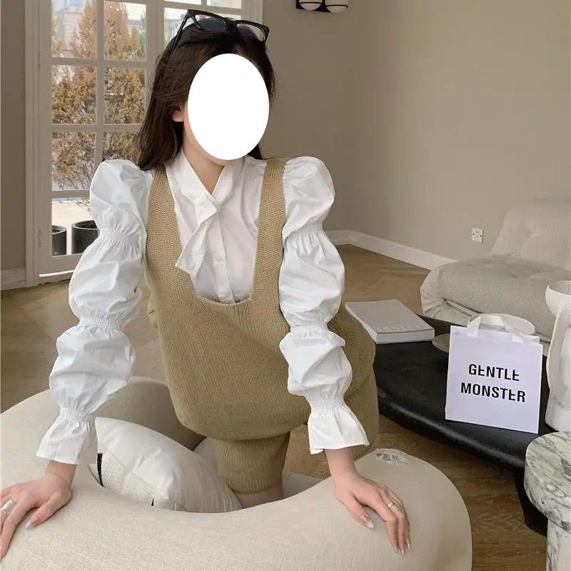 Set Áo Sơ Mi Tay Phồng + Quần Short + Áo Len Không Tay Phong Cách Châu Âu Dành Cho Nữ