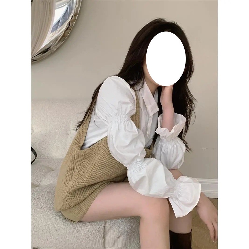 Set Áo Sơ Mi Tay Phồng + Quần Short + Áo Len Không Tay Phong Cách Châu Âu Dành Cho Nữ