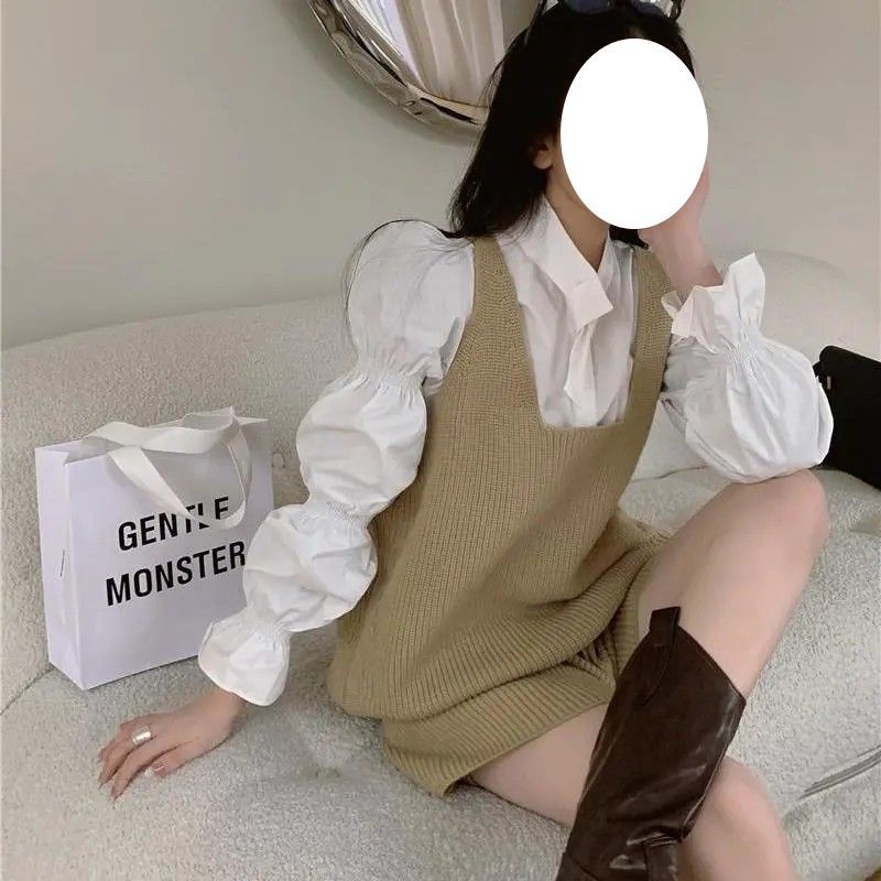 Set Áo Sơ Mi Tay Phồng + Quần Short + Áo Len Không Tay Phong Cách Châu Âu Dành Cho Nữ