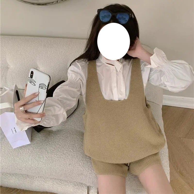 Set Áo Sơ Mi Tay Phồng + Quần Short + Áo Len Không Tay Phong Cách Châu Âu Dành Cho Nữ