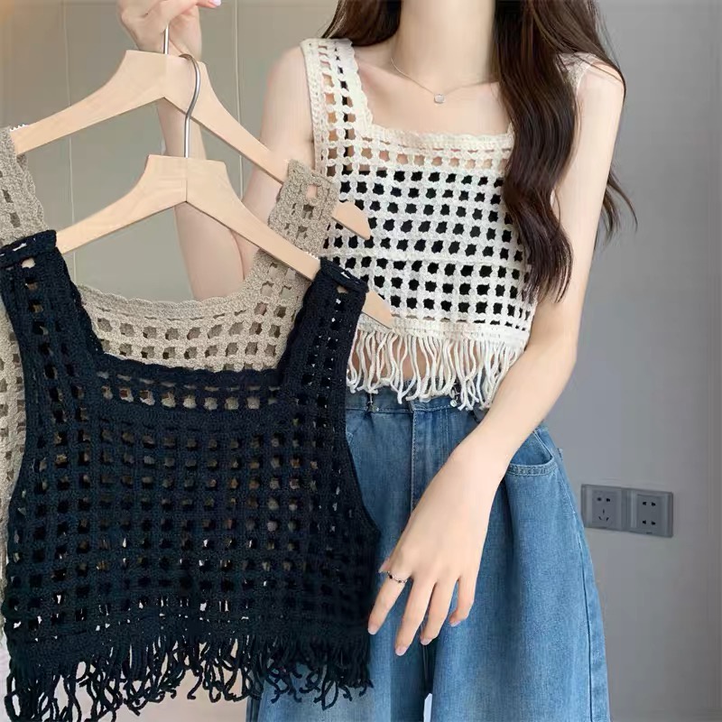 MS1218 Áo ba lỗ đan móc lưới tua rua croptop
