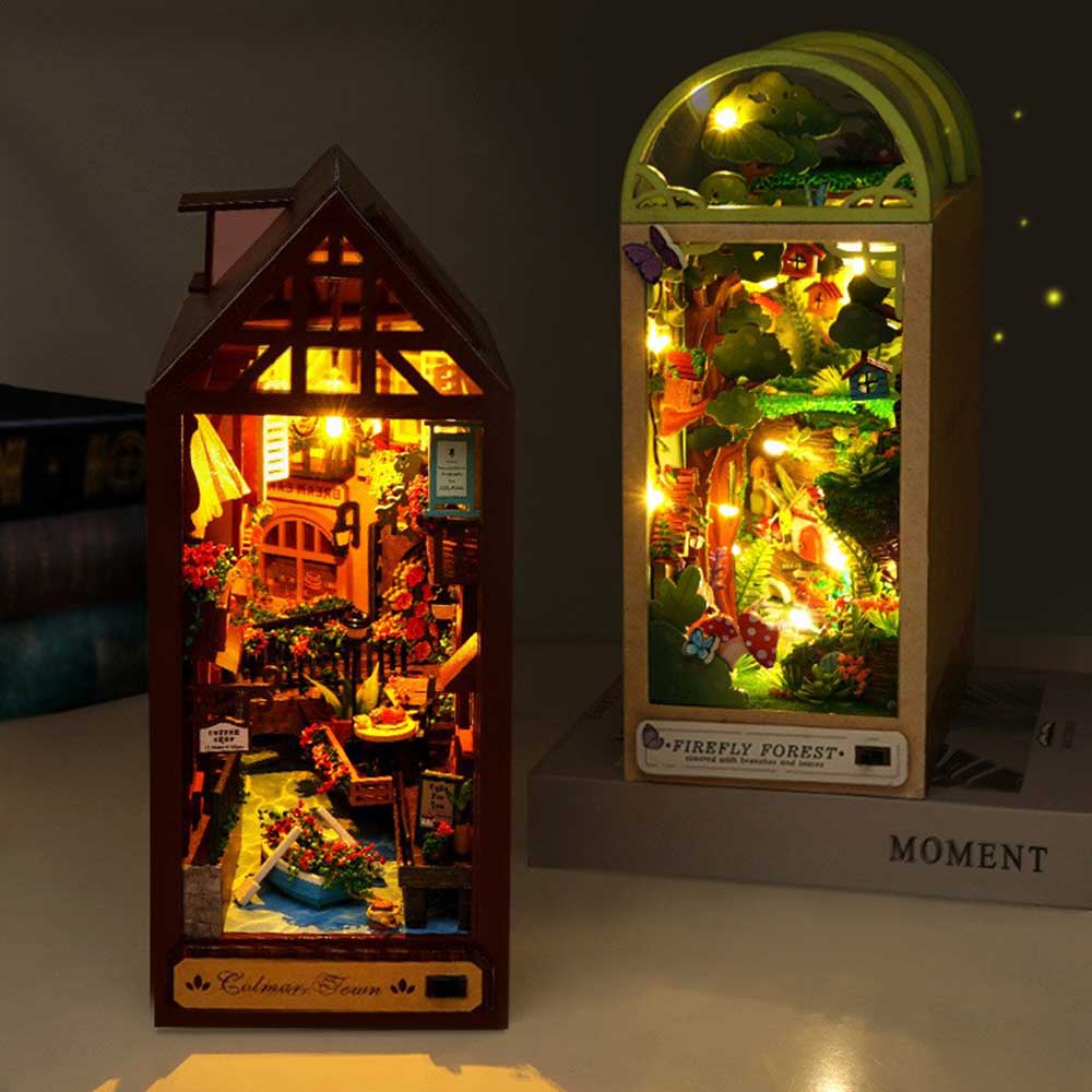 3D Wooden Puzzle Firefly Forest Christmas Eve French Alley Magic Book Nook Shelf Insert Kits Miniature House Bookshelf Dollhouse Bookend Toys for Kids Friends Gifts
