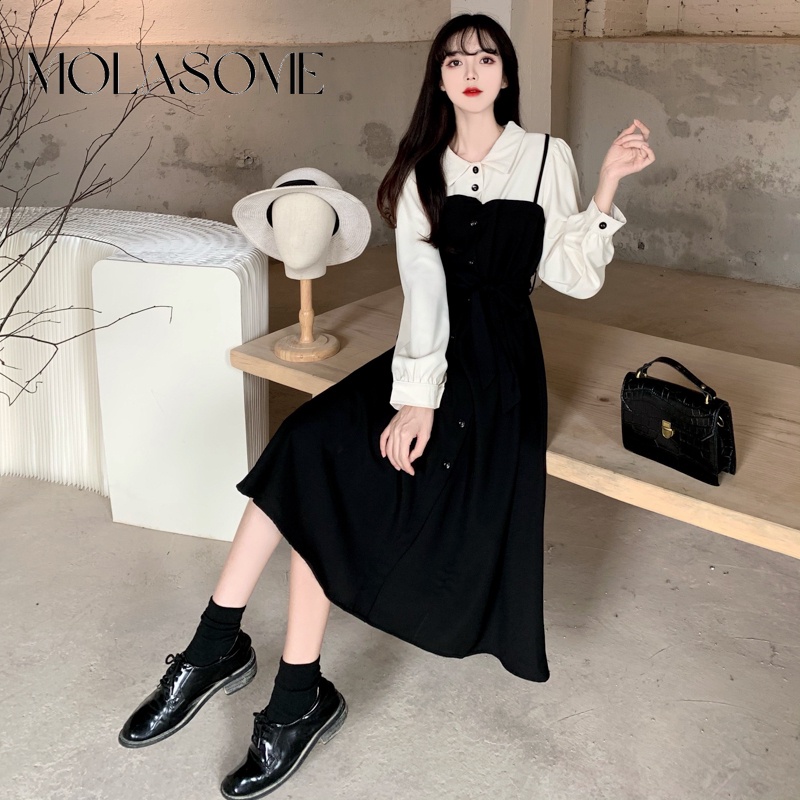 Polaroisome Đầm maxi Tay Dài Cổ polo Phối Màu Tương Phản Thời Trang 2023 Cho Nữ