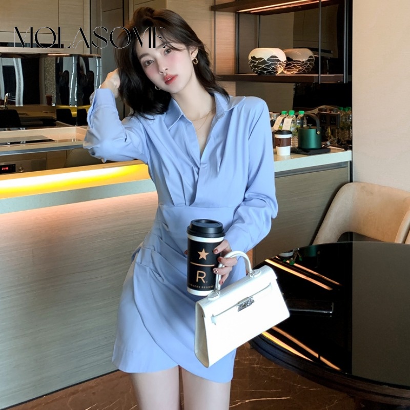 Polaroisome Đầm mini Tay Dài Cổ Chữ v Màu Trơn Thời Trang 2023 Cho Nữ