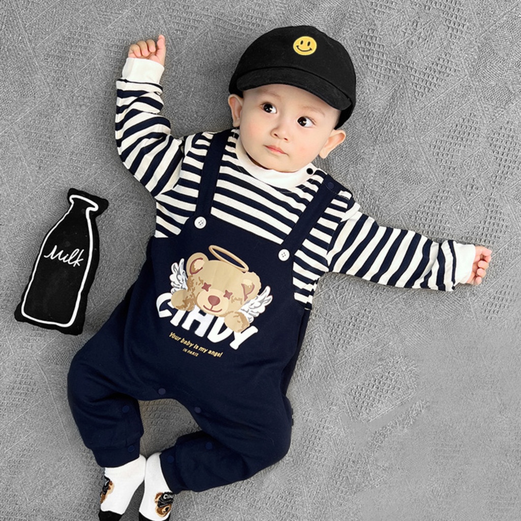 Bộ Áo Liền Quần Tay Dài Bằng Vải cotton In Họa Tiết Hoạt Hình Kẻ Sọc / Chú Gấu Dễ Thương Thời Trang Xuân Thu Cho Bé Trai Và Gái Từ 0-2 Tuổi