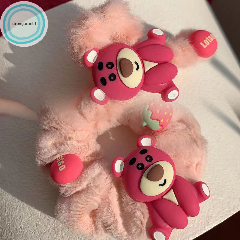 Kẹp Tóc Lông Xù Hình Gấu / Quả Dâu Tây Cỡ Lớn Màu Hồng Dễ Thương Dành Cho Bạn Gái