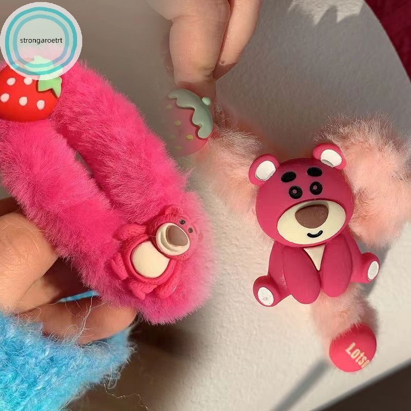 Kẹp Tóc Lông Xù Hình Gấu / Quả Dâu Tây Cỡ Lớn Màu Hồng Dễ Thương Dành Cho Bạn Gái