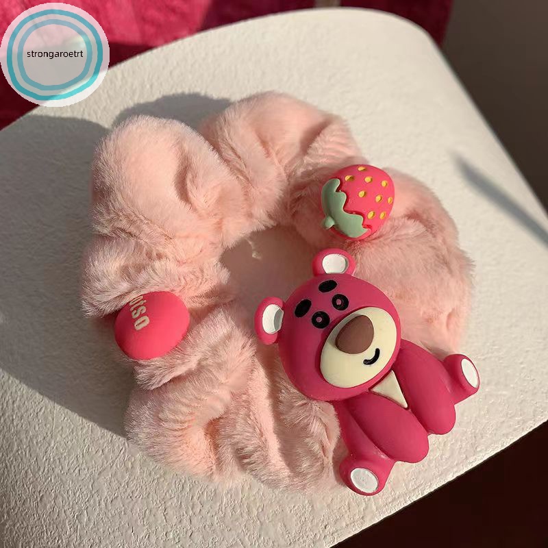 Kẹp Tóc Lông Xù Hình Gấu / Quả Dâu Tây Cỡ Lớn Màu Hồng Dễ Thương Dành Cho Bạn Gái