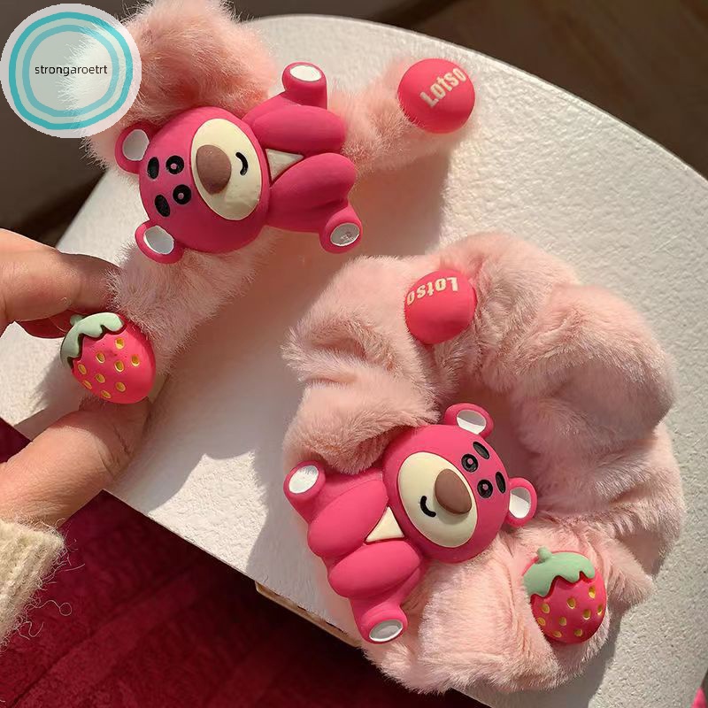 Kẹp Tóc Lông Xù Hình Gấu / Quả Dâu Tây Cỡ Lớn Màu Hồng Dễ Thương Dành Cho Bạn Gái