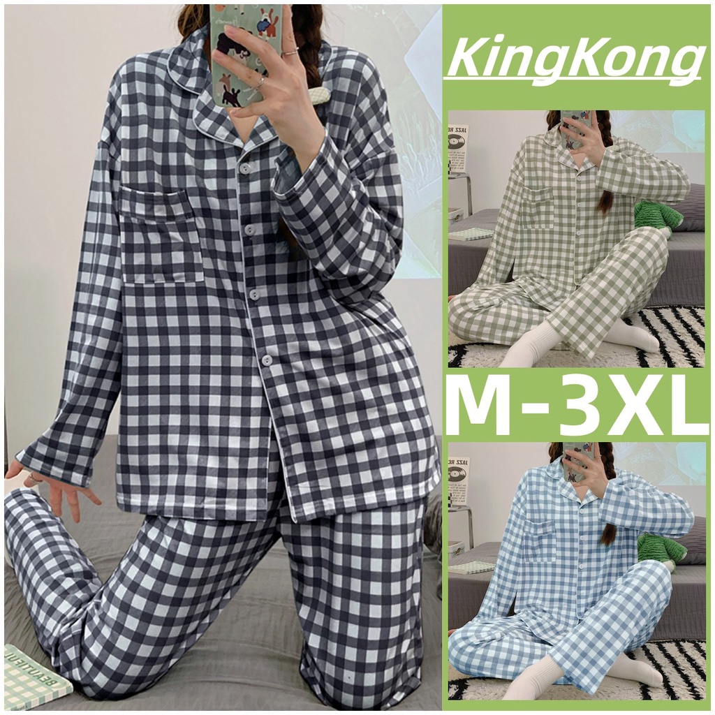 Bộ Đồ Ngủ Tay Dài Chất Liệu cotton Họa Tiết Kẻ Sọc Caro Phong Cách Hàn Quốc Thời Trang Cho Nữ