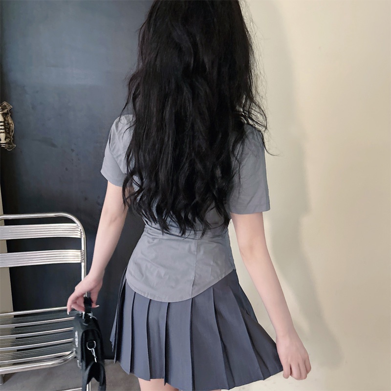 Áo Kiểu Xếp Ly Tay Ngắn Ôm Eo Màu Xám Quyến Rũ Dành Cho Nữ