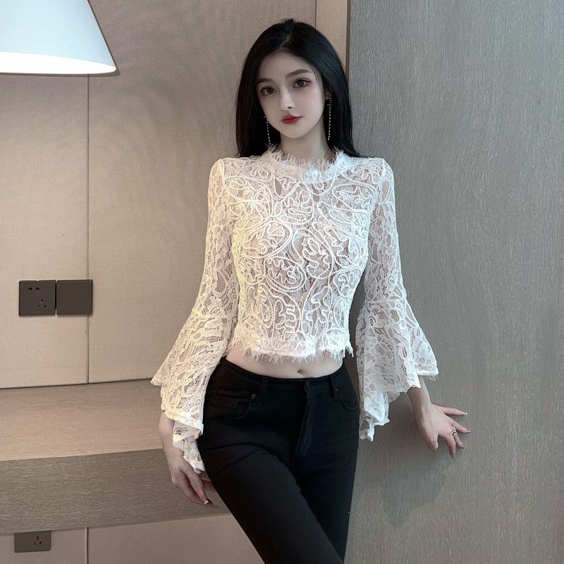 New light mature style lady's three-dimensional shirt trumpet sleeve hollow-out lace base shirt smart perspective short western style long sleeve shirt