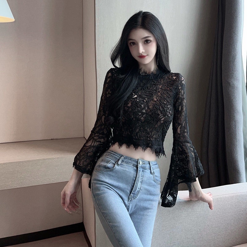 New light mature style lady's three-dimensional shirt trumpet sleeve hollow-out lace base shirt smart perspective short western style long sleeve shirt