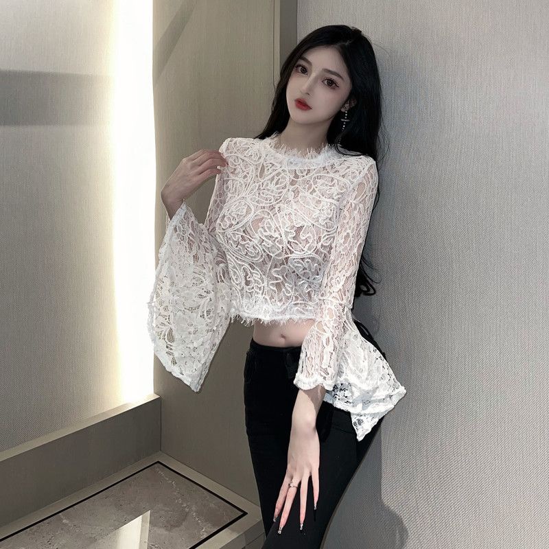 New light mature style lady's three-dimensional shirt trumpet sleeve hollow-out lace base shirt smart perspective short western style long sleeve shirt