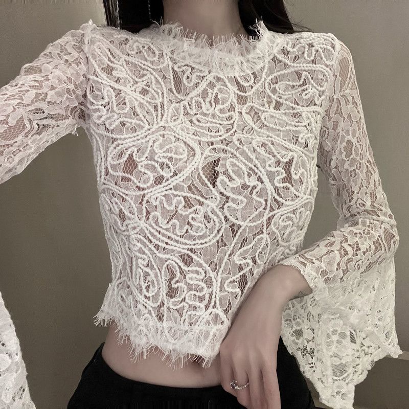 New light mature style lady's three-dimensional shirt trumpet sleeve hollow-out lace base shirt smart perspective short western style long sleeve shirt