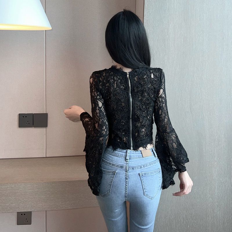 New light mature style lady's three-dimensional shirt trumpet sleeve hollow-out lace base shirt smart perspective short western style long sleeve shirt