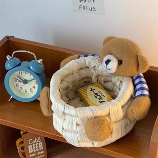 Hàn quốc hàn quốc phong cách ins hoạt hình dễ thương giỏ lưu trữ gấu để bàn văn phòng rơm tạp phẩm giỏ lưu trữ