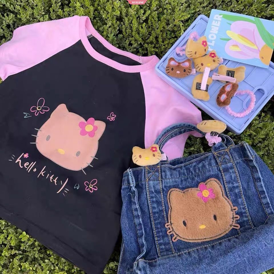 Sanrio Túi Xách denim Màu Cà Phê In Hình hello kitty Dễ Thương Sức Chứa Lớn Cho Nữ