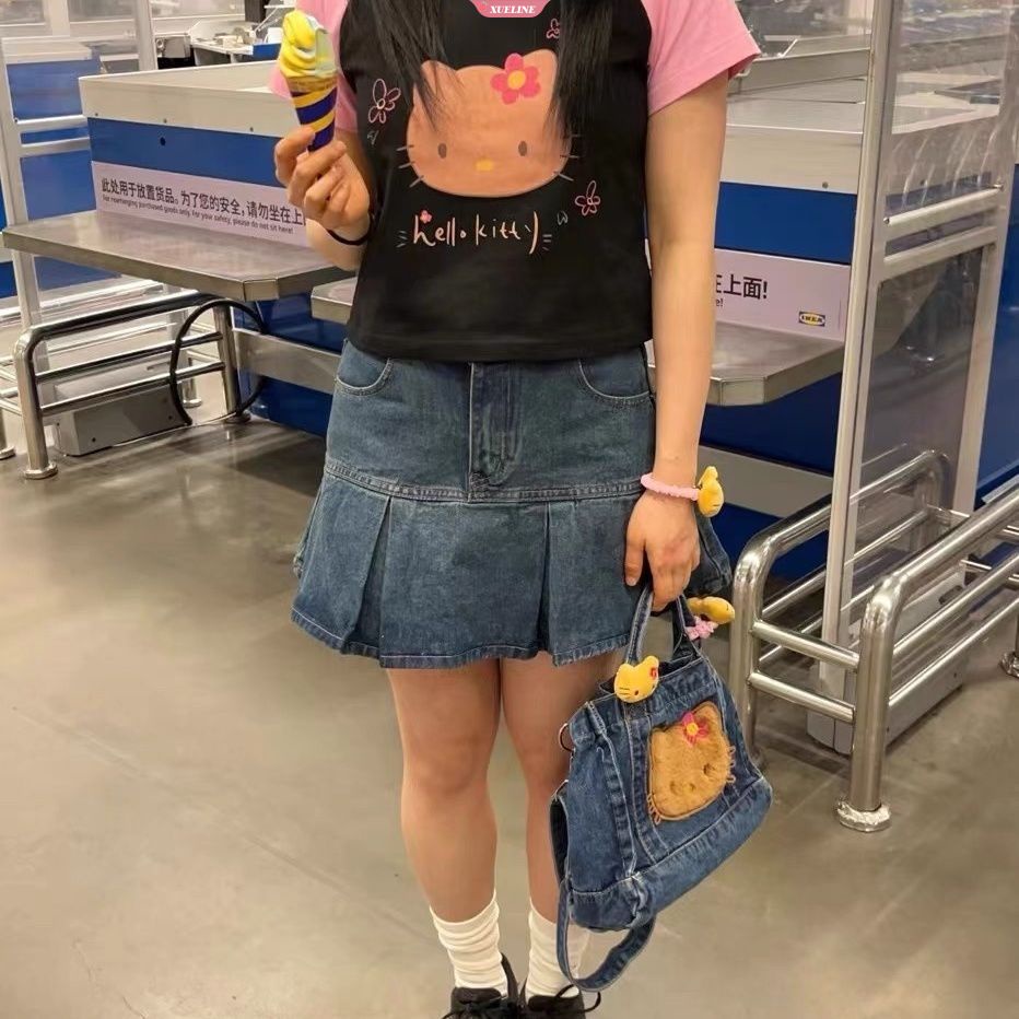 Sanrio Túi Xách denim Màu Cà Phê In Hình hello kitty Dễ Thương Sức Chứa Lớn Cho Nữ