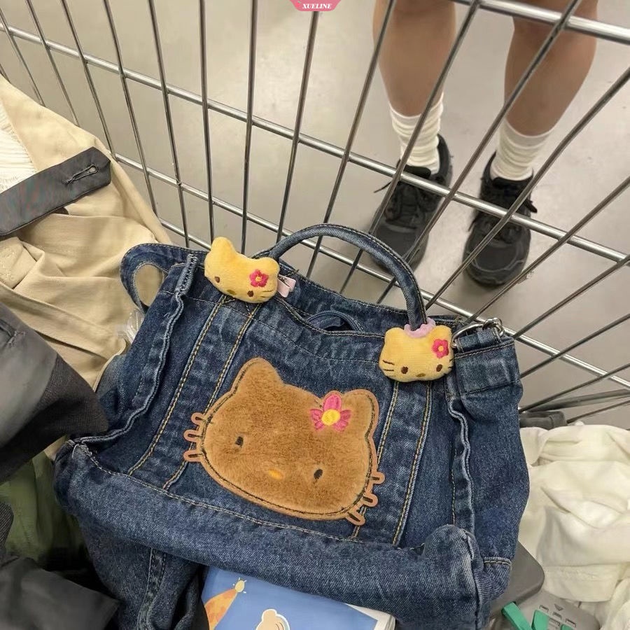 Sanrio Túi Xách denim Màu Cà Phê In Hình hello kitty Dễ Thương Sức Chứa Lớn Cho Nữ