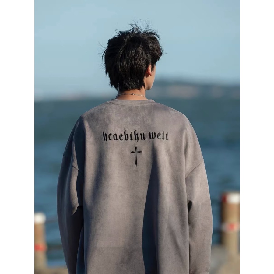 Áo sweater Da Lộn Tay Dài Cổ Tròn Thêu Chữ Thập Phong Cách Hàn Quốc Thời Trang Mùa Thu Mới Cho Nam