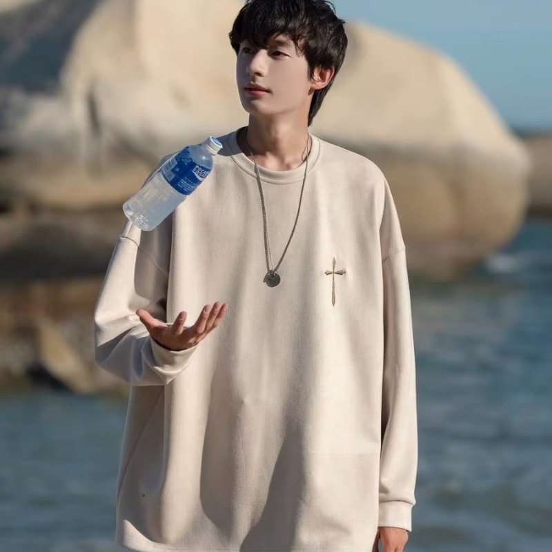 Áo sweater Da Lộn Tay Dài Cổ Tròn Thêu Chữ Thập Phong Cách Hàn Quốc Thời Trang Mùa Thu Mới Cho Nam