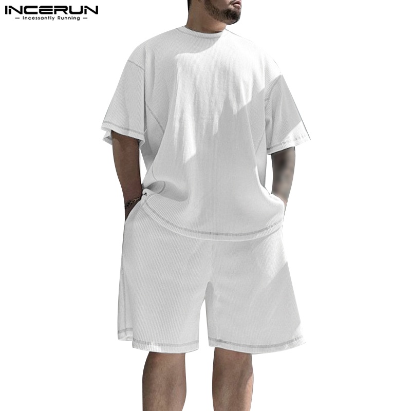 INCERUN Set Áo Thun Tay Ngắn Dáng Rộng Màu Trơn Phối Quần short Thời Trang Cá Tính Cho Nam