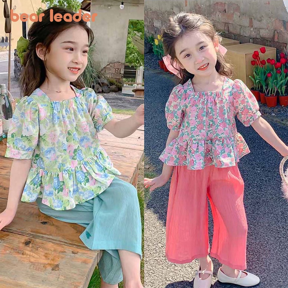 BEAR LEADER Set Đồ Mùa Hè 2 Món Gồm Áo Tay Cộc In Họa Tiết Hoa + Quần Dài Cho Bé Gái 3-7 Tuổi