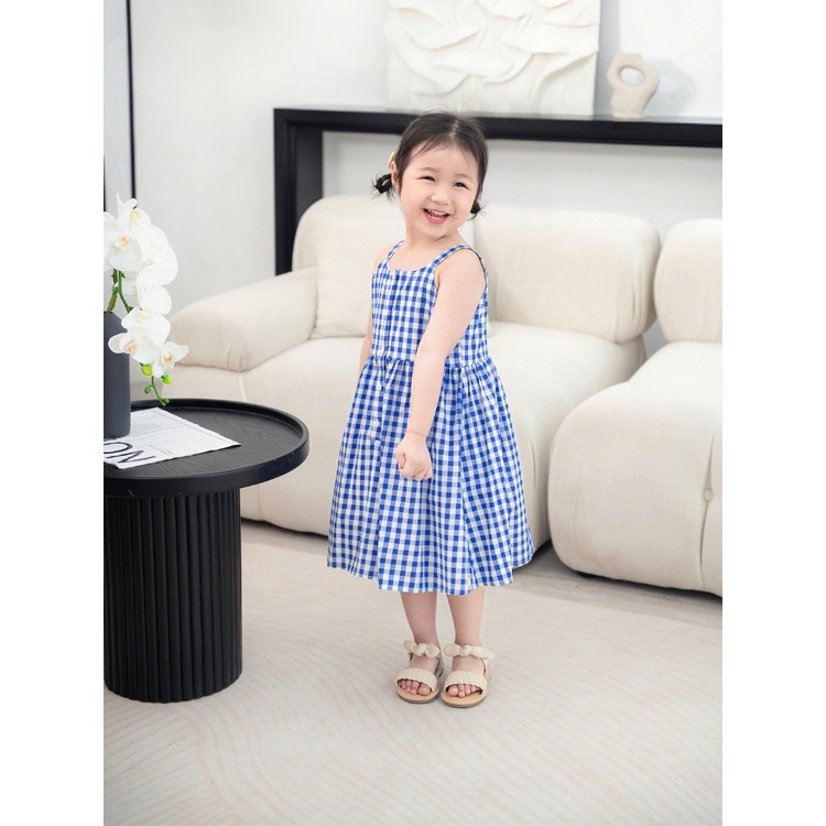 Váy Bé Gái CARROT Hai Dây, Họa Tiết Caro Xanh, Chất Liệu Thô Cotton Thấm Hút Mồ Hôi Tốt