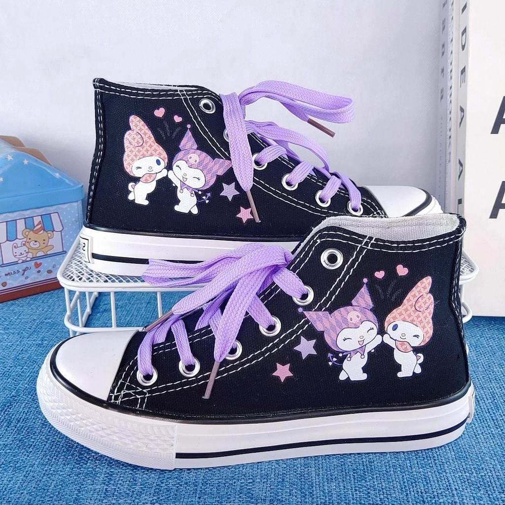 Kuromi Giày Vải canvas Cổ Cao Họa Tiết Vẽ Tay Phong Cách Hoạt Hình Dễ Thương Cho Học Sinh