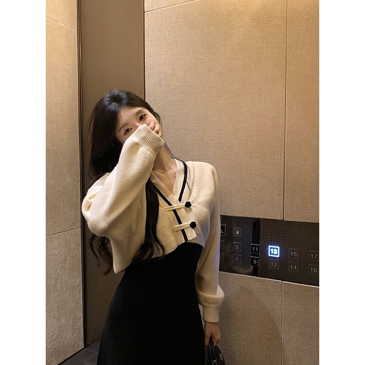 Set Áo Khoác cardigan Dệt Kim Cài Nút Phong Cách Trung Hoa Thời Trang Thu Đông Mới