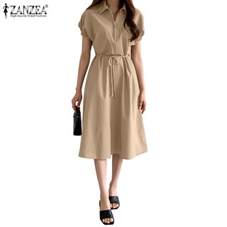 Zanzea Đầm Cổ Bẻ Tay Ngắn Màu Trơn Thời Trang Hàn Quốc Xinh Xắn Cho Nữ