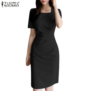 Zanzea Đầm Cổ Vuông Tay Ngắn Màu Trơn Phong Cách Hàn Quốc Thời Trang Cho Nữ