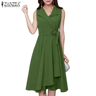 Zanzea Đầm midi Chữ a Không Tay Eo Rút Dây Thời Trang Hàn Quốc Cho Nữ