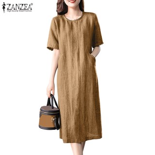 Zanzea Đầm Cổ Tròn Tay Ngắn Xẻ Tà Phối Ren Phong Cách Hàn Quốc Thời Trang Cho Nữ