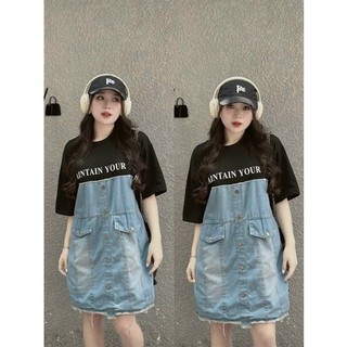 BIGSIZE NÀNG BÉO ĐẦM THUN BABYDOLL CHỮ PHỐI JEANS CỔ TRÒN 55-95KG