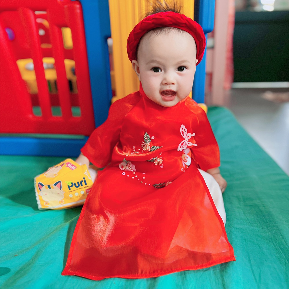 Áo dài bé gái 4 tà kèm quần chất tơ voan phối lụa kết hoa mẹ và bé MamLa