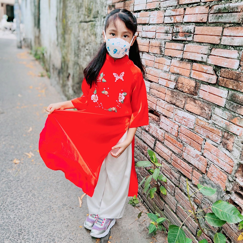 Áo dài bé gái 4 tà kèm quần chất tơ voan phối lụa kết hoa mẹ và bé MamLa