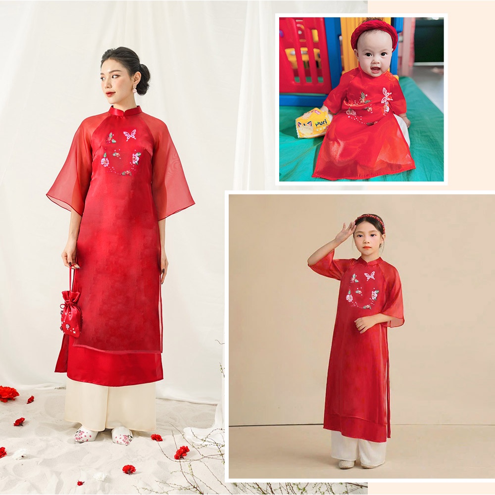 Áo dài bé gái 4 tà kèm quần chất tơ voan phối lụa kết hoa mẹ và bé MamLa